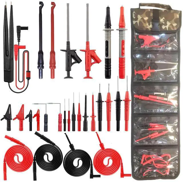 Main image of 28 PCS Multimeter Test Leads Kit with 6 Pockets Roll Up Tool Bag