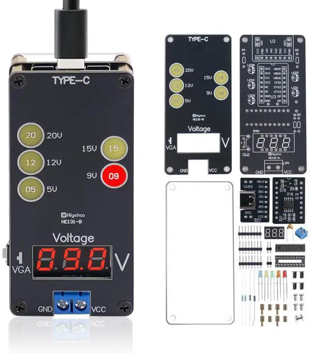Main image of USB Voltage Tester Soldering Project, ICSTATION Type C Fast Charging Voltage Meter Solder Practice Kit with Color LED Lights and Display Adjustable Output Voltage for Soldering Learning Voltmeter Tool