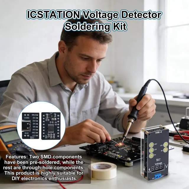 Alt view image 6 of 6 - USB Voltage Tester Soldering Project, ICSTATION Type C Fast Charging Voltage Meter Solder Practice Kit with Color LED Lights and Display Adjustable Output Voltage for Soldering Learning Voltmeter Tool