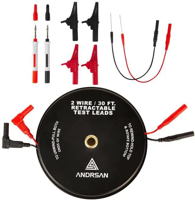 Main image of 2 Wire 30 ft Retractable Test Leads with 4 mm Banana Plugs, 18 AWG Multimeter Test Leads with 4 Alligator Clips, 2 Test Probes and 2 Wire Piercing Probes, Test Lead Kit for Testing Electrical Circuits