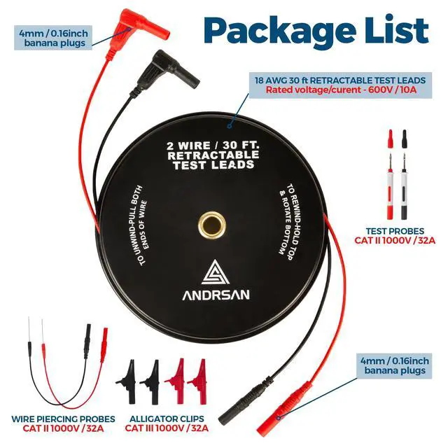 Alt view image 2 of 7 - 2 Wire 30 ft Retractable Test Leads with 4 mm Banana Plugs, 18 AWG Multimeter Test Leads with 4 Alligator Clips, 2 Test Probes and 2 Wire Piercing Probes, Test Lead Kit for Testing Electrical Circuits