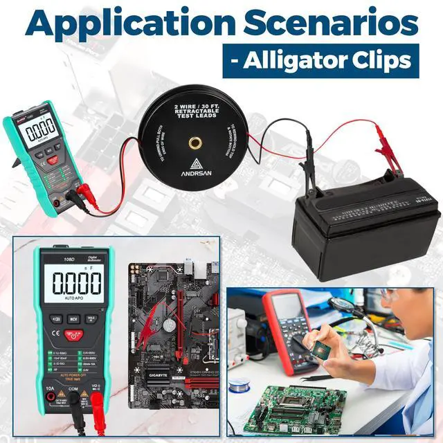 Alt view image 3 of 7 - 2 Wire 30 ft Retractable Test Leads with 4 mm Banana Plugs, 18 AWG Multimeter Test Leads with 4 Alligator Clips, 2 Test Probes and 2 Wire Piercing Probes, Test Lead Kit for Testing Electrical Circuits