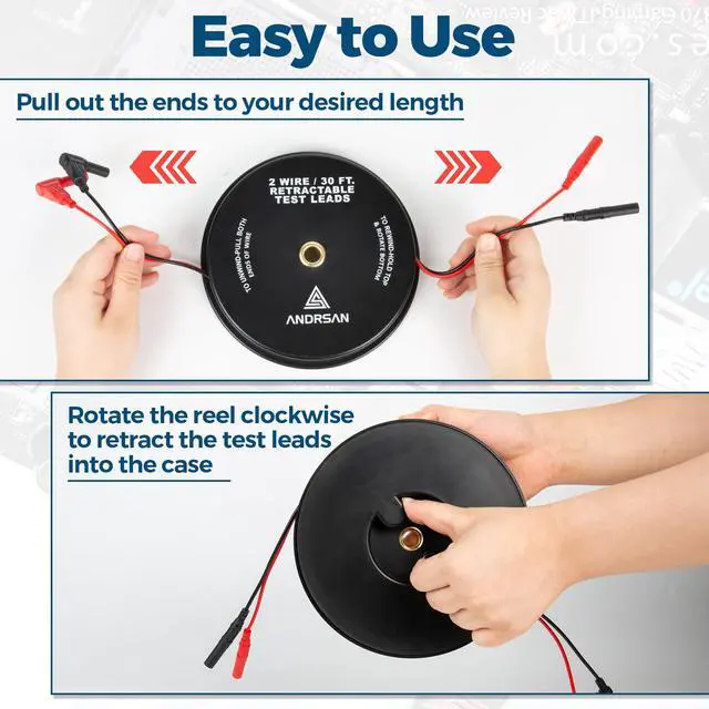 Alt view image 6 of 7 - 2 Wire 30 ft Retractable Test Leads with 4 mm Banana Plugs, 18 AWG Multimeter Test Leads with 4 Alligator Clips, 2 Test Probes and 2 Wire Piercing Probes, Test Lead Kit for Testing Electrical Circuits