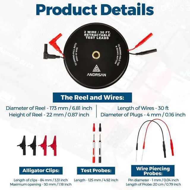 Alt view image 7 of 7 - 2 Wire 30 ft Retractable Test Leads with 4 mm Banana Plugs, 18 AWG Multimeter Test Leads with 4 Alligator Clips, 2 Test Probes and 2 Wire Piercing Probes, Test Lead Kit for Testing Electrical Circuits