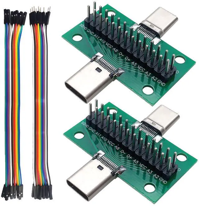 Main image of 2 Pcs USB 3.1 Type-C Male to Male Test Board with PCB Board 24 Pins 2.54 mm Double-Sided Socket with pin Header Connector,Dupont Wire for Date Line Wire Cable Transfer