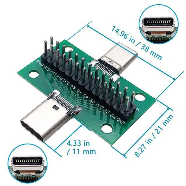 Alt view image 3 of 5 - 2 Pcs USB 3.1 Type-C Male to Male Test Board with PCB Board 24 Pins 2.54 mm Double-Sided Socket with pin Header Connector,Dupont Wire for Date Line Wire Cable Transfer