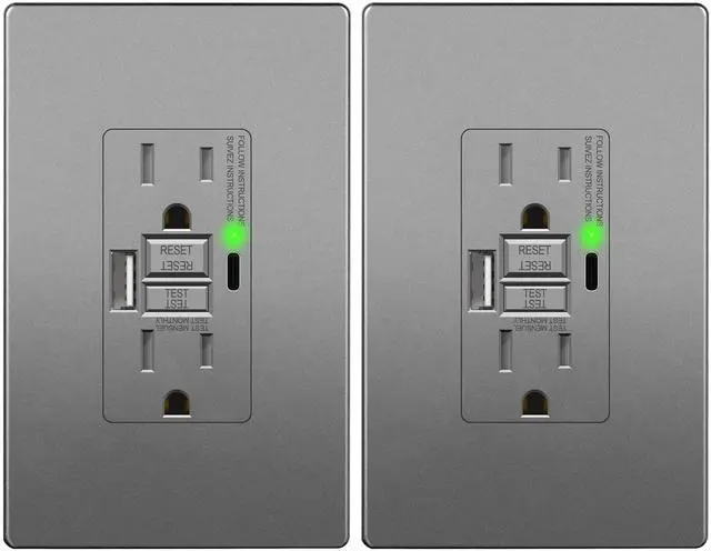 Main image of GFCI USB Outlet 15Amp, 4.2A USB A&C, ETL Listed, Space Gray, 2-Pack