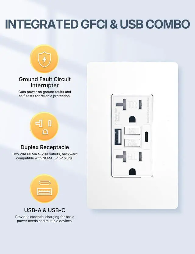 Alt view image 2 of 7 - 20 Amp GFCI USB Outlet with Type C & A, Tamper Resistant