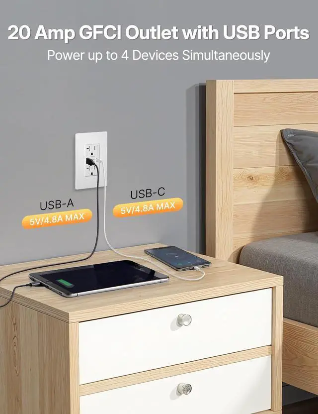 Alt view image 4 of 7 - 20 Amp GFCI USB Outlet with Type C & A, Tamper Resistant