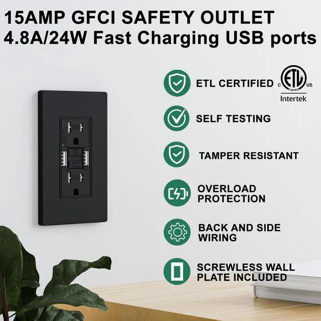Alt view image 2 of 7 - 15 Amp GFCI Outlet with Dual USB-A Ports, Self-Test GFCI Electrical Outlet, Tamper-Resistant GFCI Outlet, Screwless Wall Plate Included, ETL Listed, Black,1-Pack