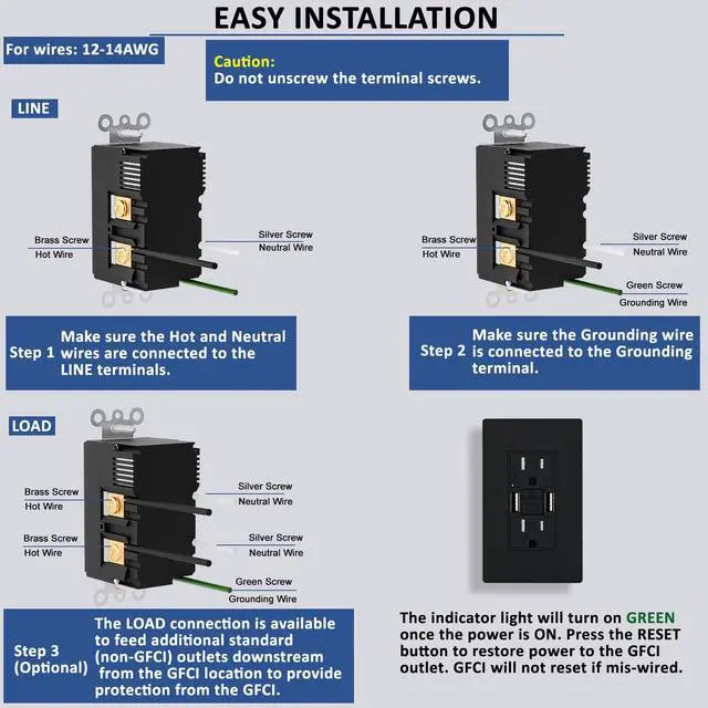Alt view image 6 of 7 - 15 Amp GFCI Outlet with Dual USB-A Ports, Self-Test GFCI Electrical Outlet, Tamper-Resistant GFCI Outlet, Screwless Wall Plate Included, ETL Listed, Black,1-Pack