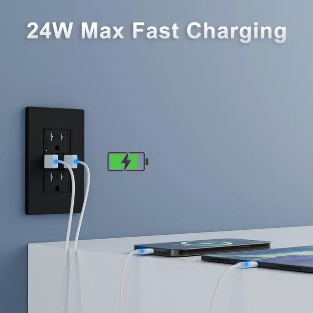 Alt view image 7 of 7 - 15 Amp GFCI Outlet with Dual USB-A Ports, Self-Test GFCI Electrical Outlet, Tamper-Resistant GFCI Outlet, Screwless Wall Plate Included, ETL Listed, Black,1-Pack