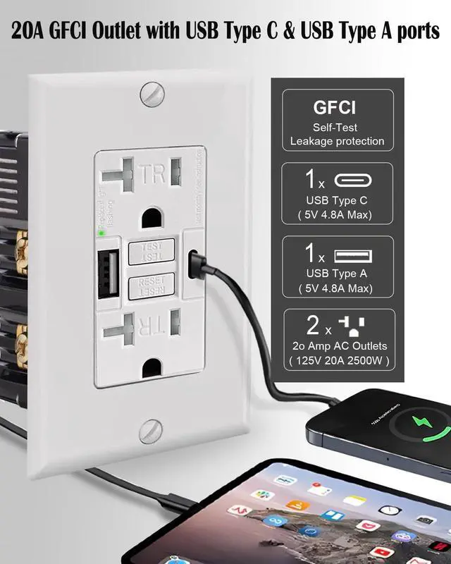 Alt view image 4 of 7 - White 20A GFCI Outlet with USB,Type C and USB A Fast Charger for Smartphone