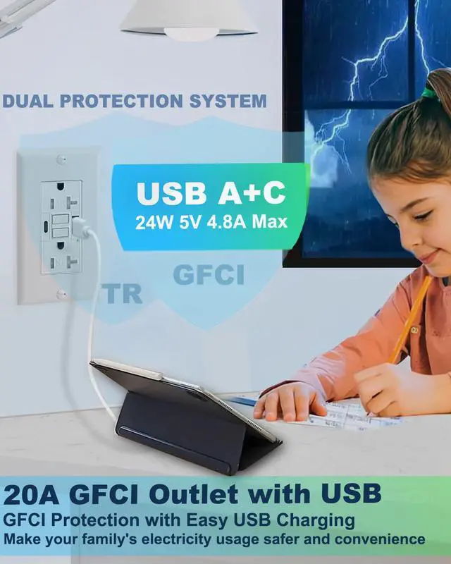 Alt view image 5 of 7 - White 20A GFCI Outlet with USB,Type C and USB A Fast Charger for Smartphone