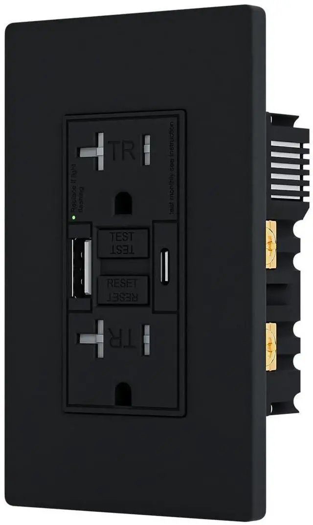 Main image of 20AMP GFCI Outlet with Type A & Type C USB Charging Ports, Self-Test, LED Indicator, Tamper Resistant, GFCI Receptacle Outlet, Screwless Wall Plate Include, ETL Listed, Black