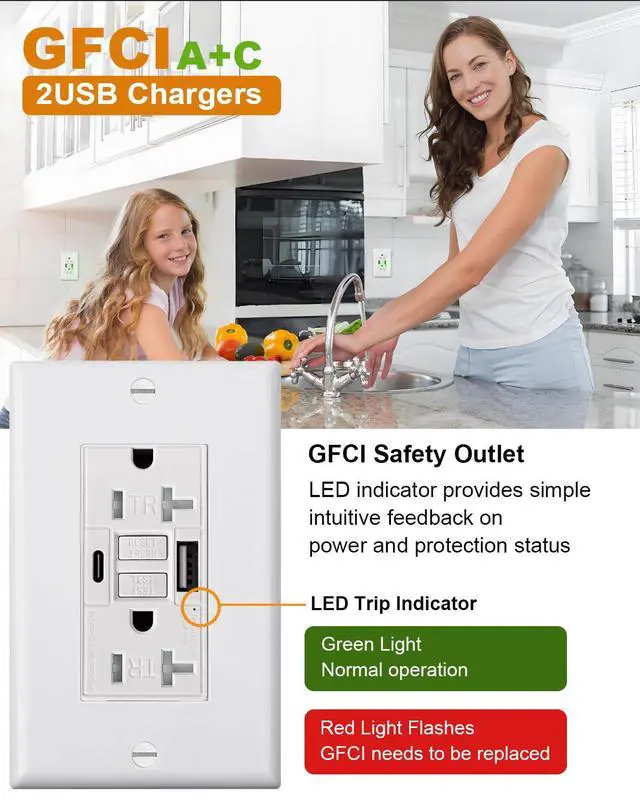 Alt view image 6 of 7 - White 20A GFCI Outlet with USB,Type C and USB A Fast Charger for Smartphone