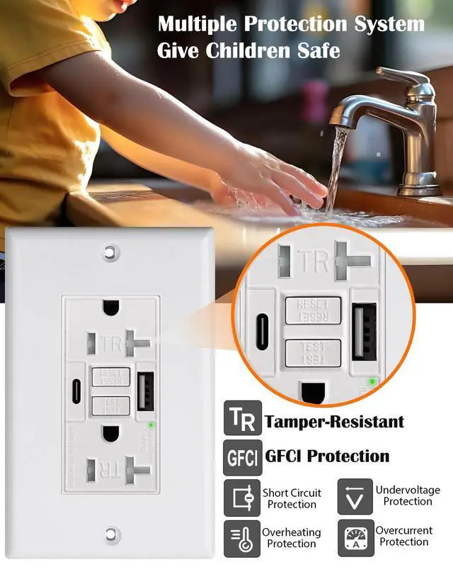 Alt view image 7 of 7 - White 20A GFCI Outlet with USB,Type C and USB A Fast Charger for Smartphone