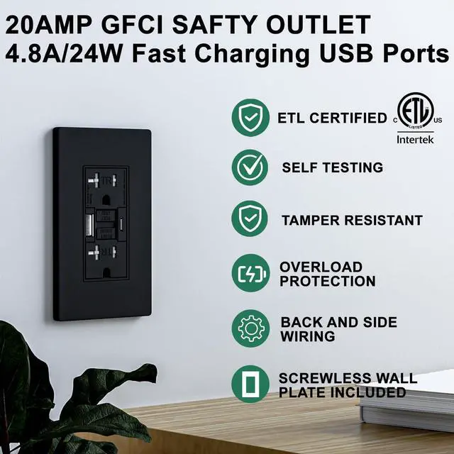 Alt view image 2 of 7 - 20AMP GFCI Outlet with Type A & Type C USB Charging Ports, Self-Test, LED Indicator, Tamper Resistant, GFCI Receptacle Outlet, Screwless Wall Plate Include, ETL Listed, Black