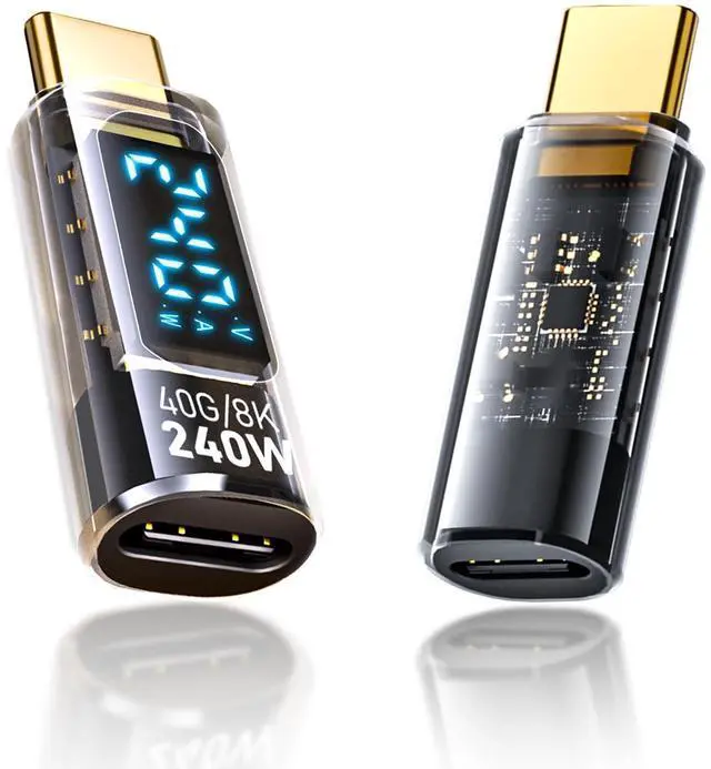 Main image of USB C Extension Adapter, 2Pack 40Gbps Transparent USB C Converter Power Meter Tester with LED Digital Display,PD 240W USB Type C Male to Female Adapter Connector for iPhone 15/16 Series