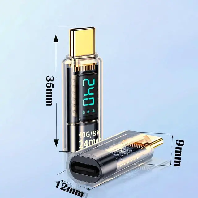 Alt view image 2 of 7 - USB C Extension Adapter, 2Pack 40Gbps Transparent USB C Converter Power Meter Tester with LED Digital Display,PD 240W USB Type C Male to Female Adapter Connector for iPhone 15/16 Series