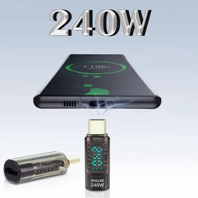 Alt view image 4 of 7 - USB C Extension Adapter, 2Pack 40Gbps Transparent USB C Converter Power Meter Tester with LED Digital Display,PD 240W USB Type C Male to Female Adapter Connector for iPhone 15/16 Series
