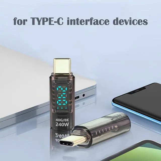 Alt view image 5 of 7 - USB C Extension Adapter, 2Pack 40Gbps Transparent USB C Converter Power Meter Tester with LED Digital Display,PD 240W USB Type C Male to Female Adapter Connector for iPhone 15/16 Series