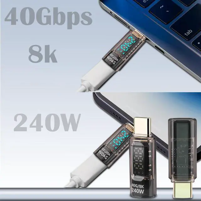 Alt view image 6 of 7 - USB C Extension Adapter, 2Pack 40Gbps Transparent USB C Converter Power Meter Tester with LED Digital Display,PD 240W USB Type C Male to Female Adapter Connector for iPhone 15/16 Series
