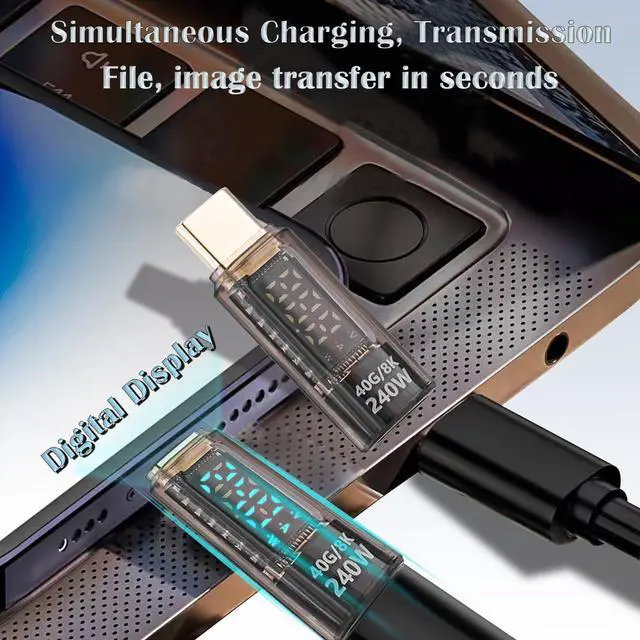 Alt view image 7 of 7 - USB C Extension Adapter, 2Pack 40Gbps Transparent USB C Converter Power Meter Tester with LED Digital Display,PD 240W USB Type C Male to Female Adapter Connector for iPhone 15/16 Series