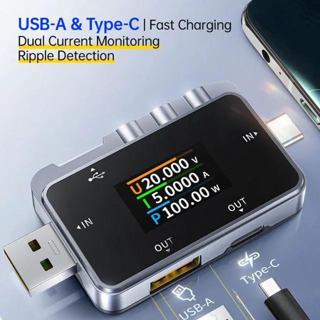 Alt view image 2 of 6 - FNAC-28 USB Tester Digital Voltmeter and Ammeter with 1.06-Inch Color Display, 4-24V Voltage, 0-6.5A Current, USB-A/Type-C Ports