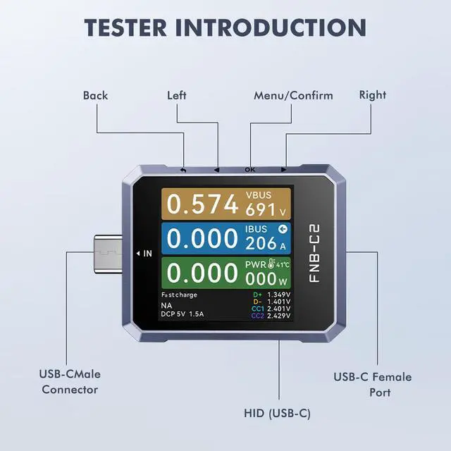 Alt view image 6 of 7 - FNB-C2 USB Tester, USB-C Fast Charging Tester 4-50V 6.5A Digital Ammeter Voltmeter Voltage Current Meter