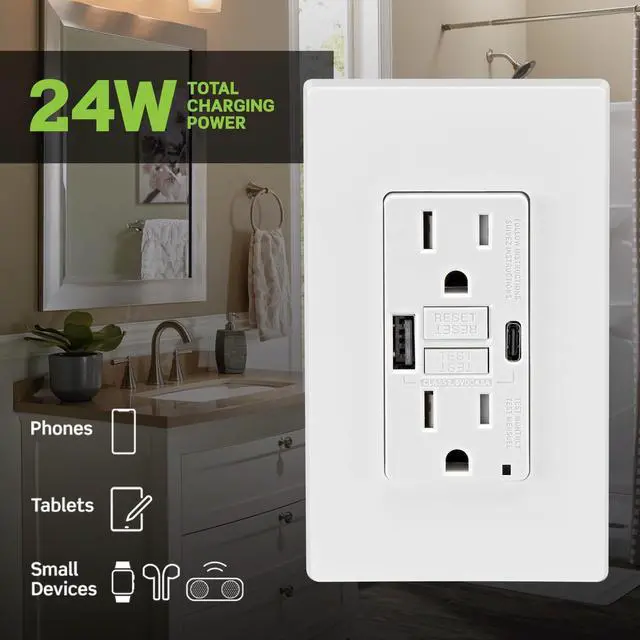 Alt view image 2 of 4 - 15A SmartlockPro Self-Test GFCI Combination with Type A & Type-C USB in-Wall, USB Charger for Smartphones and Tablets, GUAC1-W, White