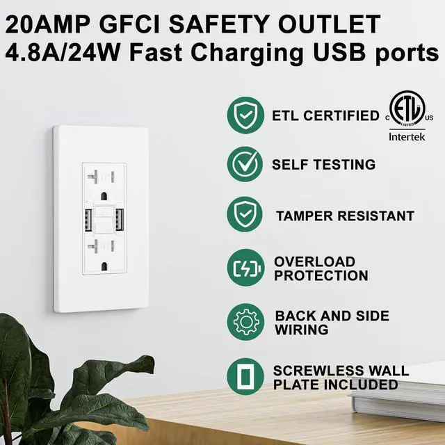 Alt view image 2 of 7 - 20 Amp GFCI Outlet with Dual USB-A Ports, Self-Test GFCI Electrical Outlet, Tamper-Resistant GFCI Outlet, Screwless Wall Plate Included, ETL Listed, White, 1 Pack