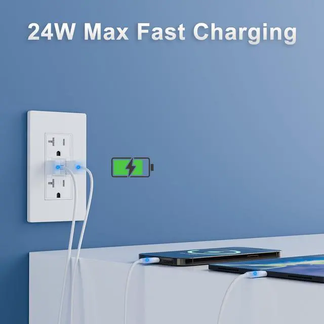 Alt view image 7 of 7 - 20 Amp GFCI Outlet with Dual USB-A Ports, Self-Test GFCI Electrical Outlet, Tamper-Resistant GFCI Outlet, Screwless Wall Plate Included, ETL Listed, White, 1 Pack