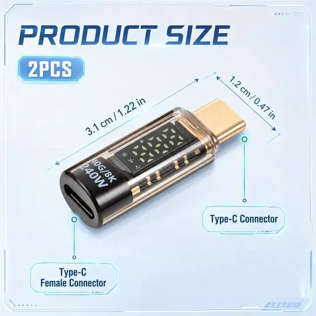 Alt view image 2 of 7 - 2 Pack 240w USB C Power Meter Tester with Digital Display, Voltage CurrentPower LED Display, PD USB-C Male to Female Connector for USB-C Cables/Devices