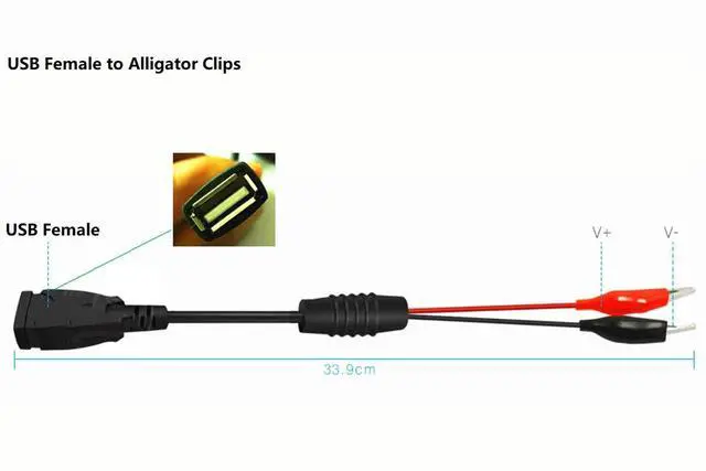Alt view image 3 of 7 - Alligator Clips to USB Male Test Lead Adapter 18AWG Red Black Wire Maximum 10A Current 12 Inches Alligator Clips USB Test Lead (Pack of 2)