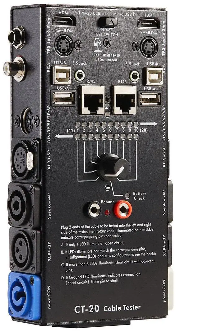 Main image of . 15-Plug Audio Cable Tester Line Finder Black 15-in-1 Cables Checker 10-Way Switch Wire Tracker with LED Indicators, Rectangular