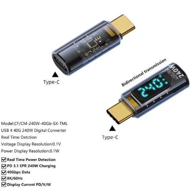 Alt view image 2 of 7 - USB C 8K 40Gbps Mini Digital Meter USB 4.0 Type-C Extension Adapter Display Voltage Current Power 240W Color Blue- 2 pcs