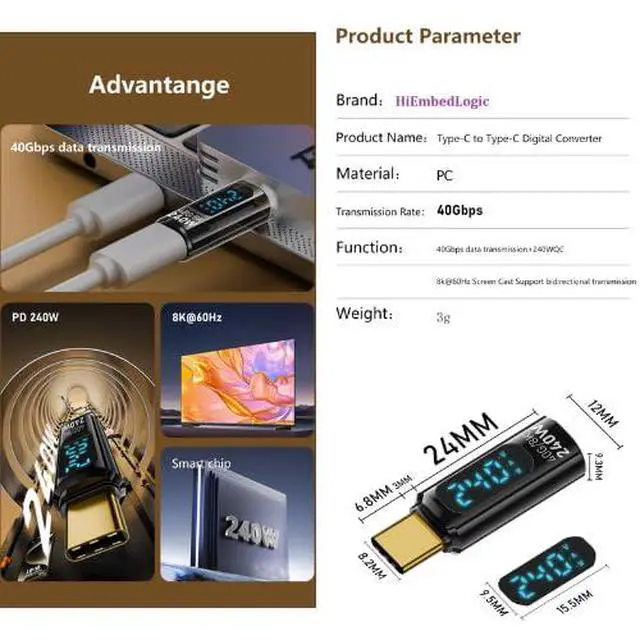 Alt view image 5 of 7 - USB C 8K 40Gbps Mini Digital Meter USB 4.0 Type-C Extension Adapter Display Voltage Current Power 240W Color Blue- 2 pcs
