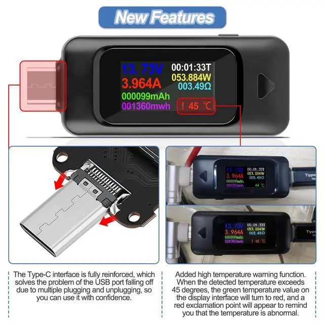 Alt view image 5 of 7 - Type-C USB Tester Voltmeter Meter USB Multimeter Voltage and Current Tester 0-5A 4-30V USB Power Meter Multi-Function Tester Color Display Capacity Voltage Current Detector (V1)