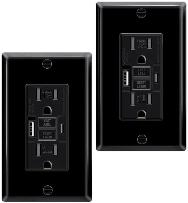 Main image of Black 15 Amp GFCI Outlet with USB C Ports & USB-A,2PCS 24W Self-Testing GFCI USB Combo with LED Indicator, Tamper Resistant for Kitchen & Bathroom, Includes Wall Plate & Screws,ETL Listed