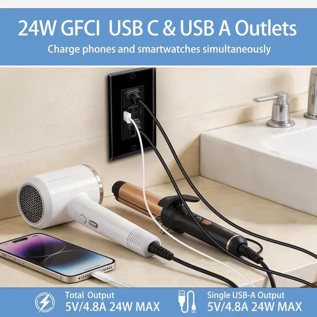 Alt view image 2 of 7 - Black 15 Amp GFCI Outlet with USB C Ports & USB-A,2PCS 24W Self-Testing GFCI USB Combo with LED Indicator, Tamper Resistant for Kitchen & Bathroom, Includes Wall Plate & Screws,ETL Listed