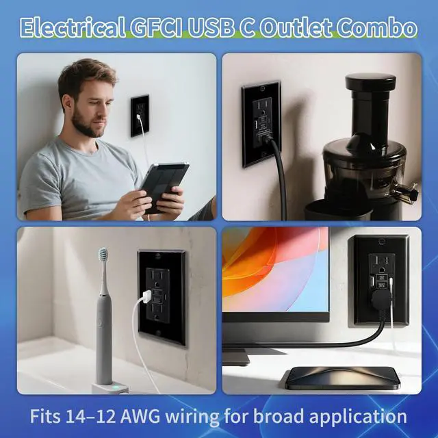 Alt view image 7 of 7 - Black 15 Amp GFCI Outlet with USB C Ports & USB-A,2PCS 24W Self-Testing GFCI USB Combo with LED Indicator, Tamper Resistant for Kitchen & Bathroom, Includes Wall Plate & Screws,ETL Listed