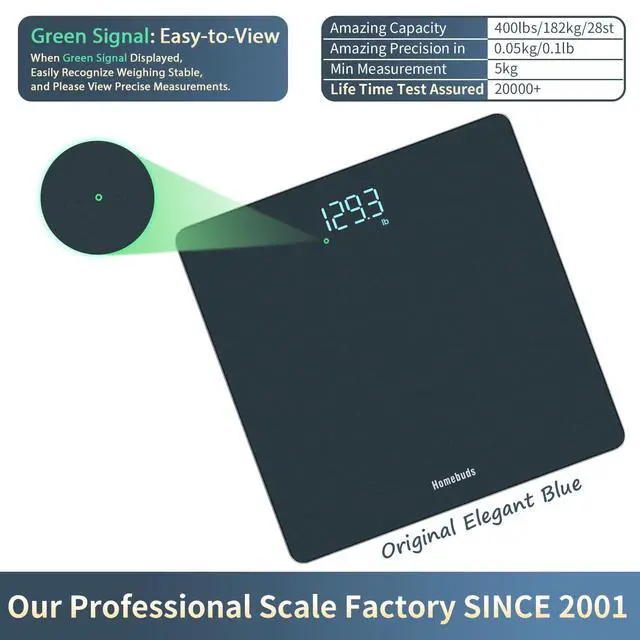 Alt view image 3 of 7 - Bathroom Scale for Body Weight, Precision 0.1lb by Our Professional Scale Factory Since 2001, Digital Weight Scale LED Display and Step-On, 3*AAA Batteries Included, 400lb/182kg, Blue
