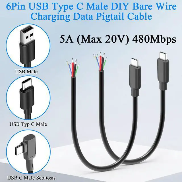 Alt view image 3 of 6 - 6 Pin USB C DIY Full Featured Bare Wire Repair Cable 5A USB Type C Male 6 Core Charging Data Extension Pigtail Cable Plug 480Mbps CC1+CC2, for DIY Repair R&D Testing, 30cm/11.8in, 2Pcs