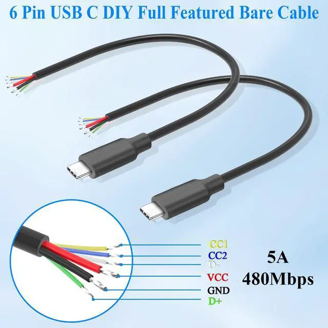 Alt view image 2 of 6 - 6 Pin USB C DIY Full Featured Bare Wire Repair Cable 5A USB Type C Male 6 Core Charging Data Extension Pigtail Cable Plug 480Mbps CC1+CC2, for DIY Repair R&D Testing, 30cm/11.8in, 2Pcs
