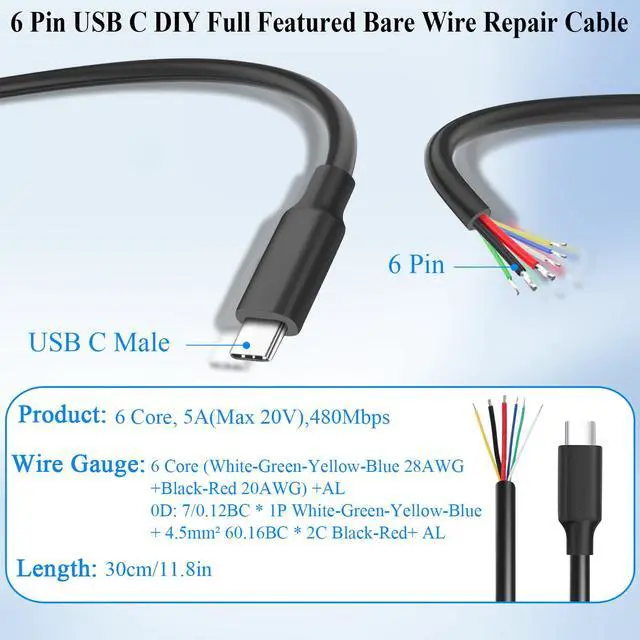 Alt view image 4 of 6 - 6 Pin USB C DIY Full Featured Bare Wire Repair Cable 5A USB Type C Male 6 Core Charging Data Extension Pigtail Cable Plug 480Mbps CC1+CC2, for DIY Repair R&D Testing, 30cm/11.8in, 2Pcs