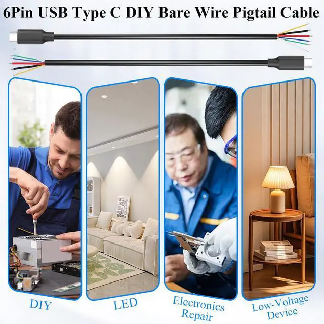 Alt view image 5 of 6 - 6 Pin USB C DIY Full Featured Bare Wire Repair Cable 5A USB Type C Male 6 Core Charging Data Extension Pigtail Cable Plug 480Mbps CC1+CC2, for DIY Repair R&D Testing, 30cm/11.8in, 2Pcs