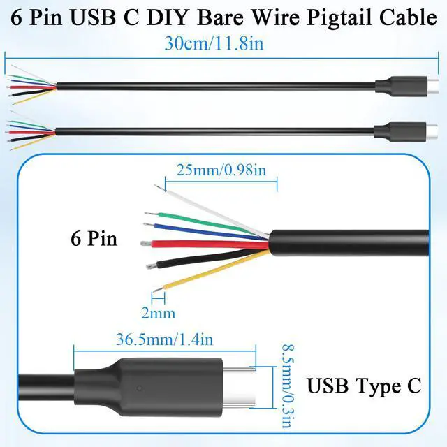 Alt view image 6 of 6 - 6 Pin USB C DIY Full Featured Bare Wire Repair Cable 5A USB Type C Male 6 Core Charging Data Extension Pigtail Cable Plug 480Mbps CC1+CC2, for DIY Repair R&D Testing, 30cm/11.8in, 2Pcs
