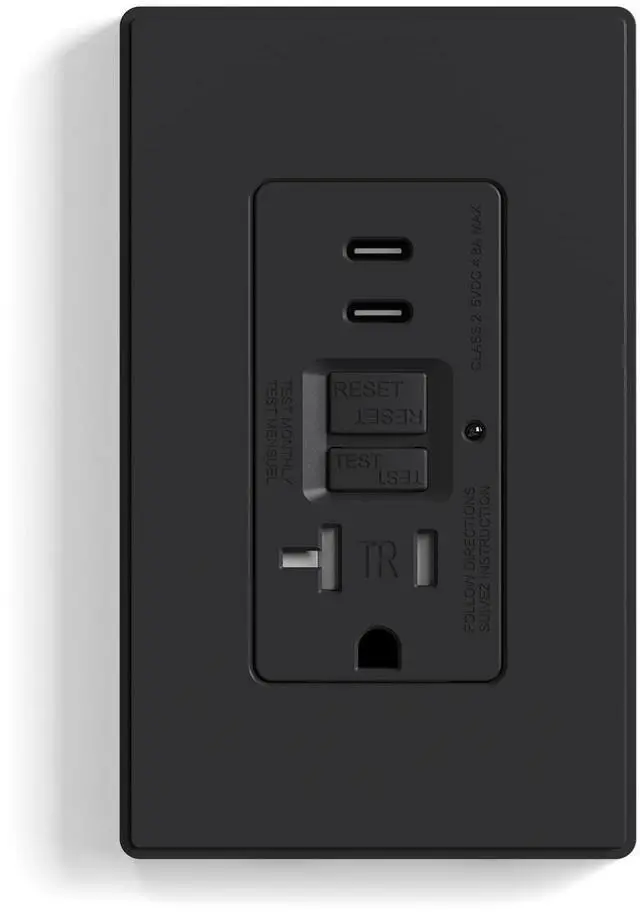Main image of GFCI Outlet with USB Ports, 20 Amp Self-Test GFCI Combination with Dual USB C Ports, 24W Max Total Output, Tamper Resistant GFCI USB Outlet with Wall Plate, UL Listed, Matte Black, 1 Pack