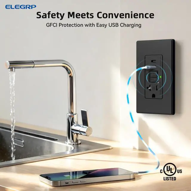 Alt view image 2 of 6 - GFCI Outlet with USB Ports, 20 Amp Self-Test GFCI Combination with Dual USB C Ports, 24W Max Total Output, Tamper Resistant GFCI USB Outlet with Wall Plate, UL Listed, Matte Black, 1 Pack